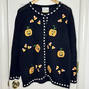 Vintage Quacker Factory Halloween Cardigan Sweater Pumpkin Candy Corn Women’s L